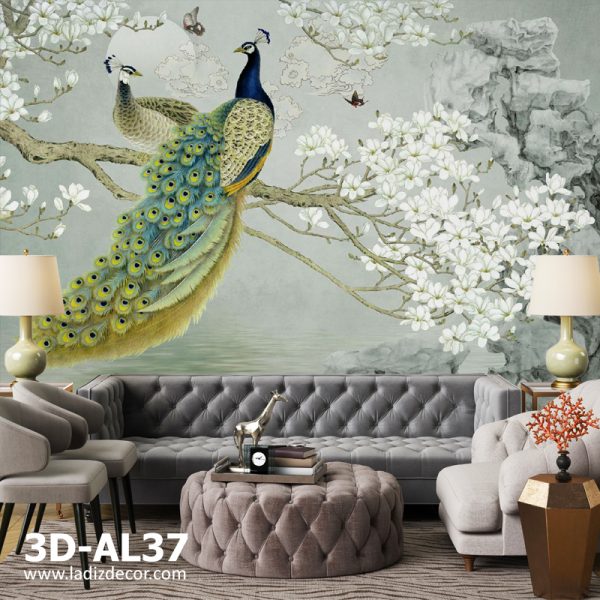 پوستر دیواری سه بعدی نقاشی طاووس با درخت و شکوفه