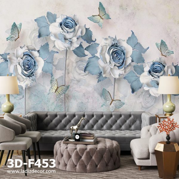 پوستر گل رز کاغذی سه بعدی با طرح نقاشی و پروانه با برگ و شاخه
