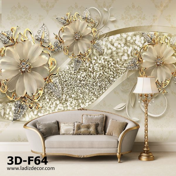پوستر گل های سه بعدی برجسته طلایی لاکچری با جواهر