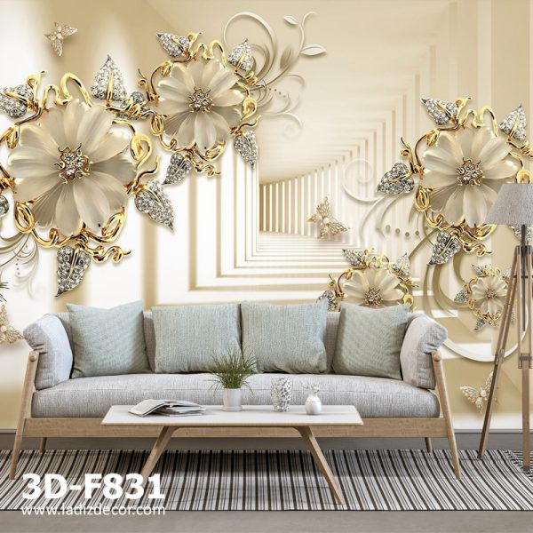 پوستر دالان عمق دار کرم با گل ها سه بعدی طلایی با جواهر و پروانه