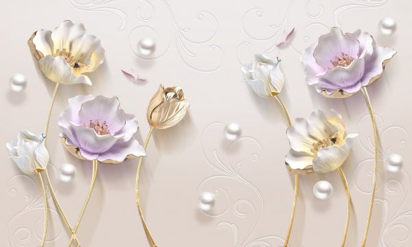 پوستر گل های سه بعدی با پس زمینه کرم و گل های طلایی و یاسی