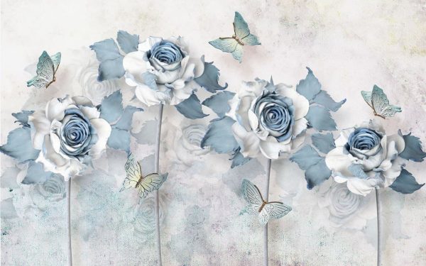 پوستر گل رز کاغذی سه بعدی با طرح نقاشی و پروانه با برگ و شاخه