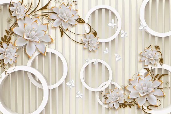 پوستر طرح راه راه سه یعدی با گل های طلایی و پروانه و حلقه