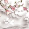 پوستر گل سه بعدی سفید و صورتی با شکوفه و شاخه