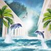 پوستر منظره عمق دار دریا و موج با دلفین و ستون