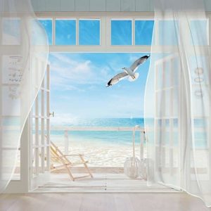 پوستر پنجره سه بعدی به سمت دریا با مرغ دریایی