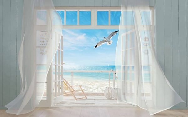 پوستر پنجره سه بعدی به سمت دریا با مرغ دریایی