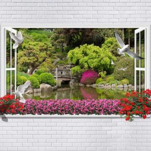 پوستر پنجره سه بعدی با دیوار و منظره دریاچه با گل و کبوتر