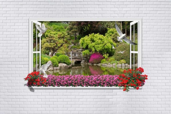 پوستر پنجره سه بعدی با دیوار و منظره دریاچه با گل و کبوتر