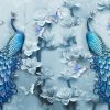 پوستر سه بعدی طاووس و گل با رنگ آبی