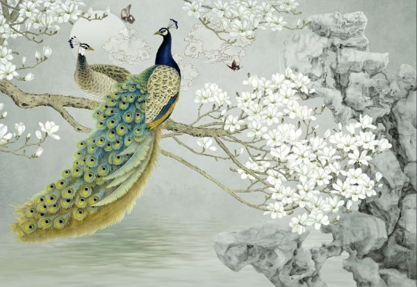 پوستر دیواری سه بعدی نقاشی طاووس با درخت و شکوفه