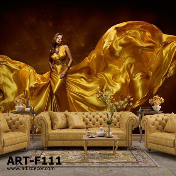 پوستر زن زیبا با لباس طلایی بلند پیچیده در باد و زمینه قهوه ای