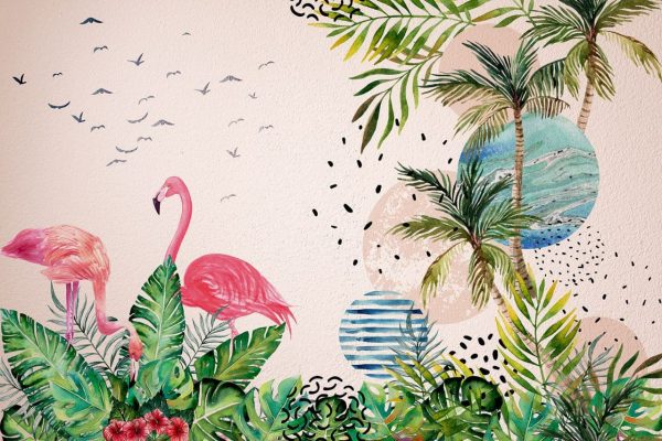 پوستر نقاشی فلامینگوهای صورتی در جنگل استوایی با زمینه پتینه