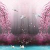پوستر نقاشی جنگل مه گرفته با درختان و شکوفه های صورتی