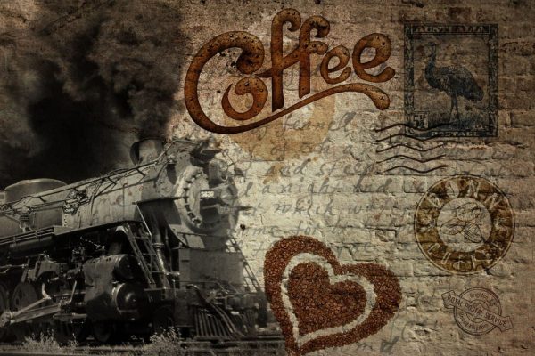 پوستر قطار قدیمی و دانه های قهوه روی دیوار کهنه