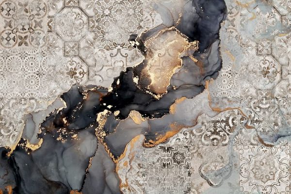 پوستر رگه های مرمر مشکی و طلایی با زمینه طرح کاشی کرم طوسی