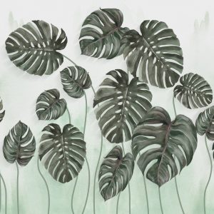 پوستر برگ های سبز بزرگ ایستاده روی زمینه آبرنگی