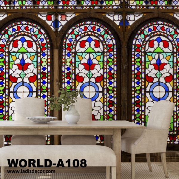 کاغذ دیواری پنجره چوبی با شیشه های رنگی ایرانی