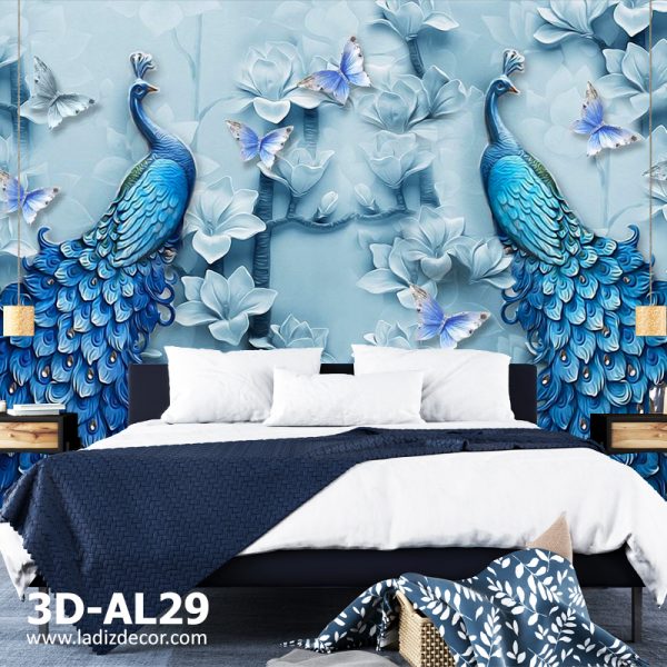 پوستر دیواری سه بعدی طاووس و گل با رنگ آبی برگ و پروانه
