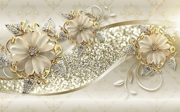 پوستر گل های سه بعدی برجسته طلایی لاکچری با جواهر