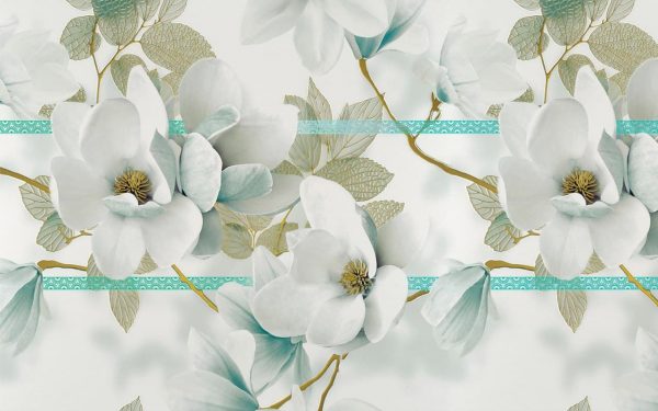 پوستر گل ارکیده سه بعدی اروپایی با رنگ آبی و سبز و سفید