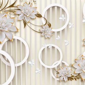 پوستر طرح راه راه سه یعدی با گل های طلایی و پروانه و حلقه