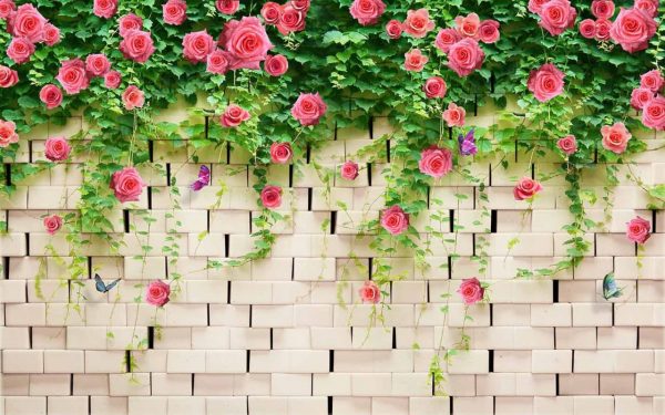 پوستر منظره سه بعدی دیوار آجری با گل های رز سرخ