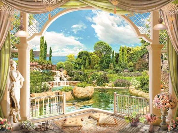 پوستر پوستر ایوان کلاسیک با منظره باغ سرسبز و دریا و آسمان
