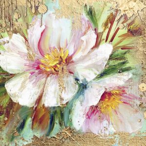 پوستر نقاشی گل های درشت صورتی و سبز روی زمینه کاهگلی