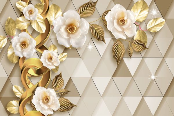 پوستر دیواری سه بعدی گل چینی و برگ و زنجیر طلایی